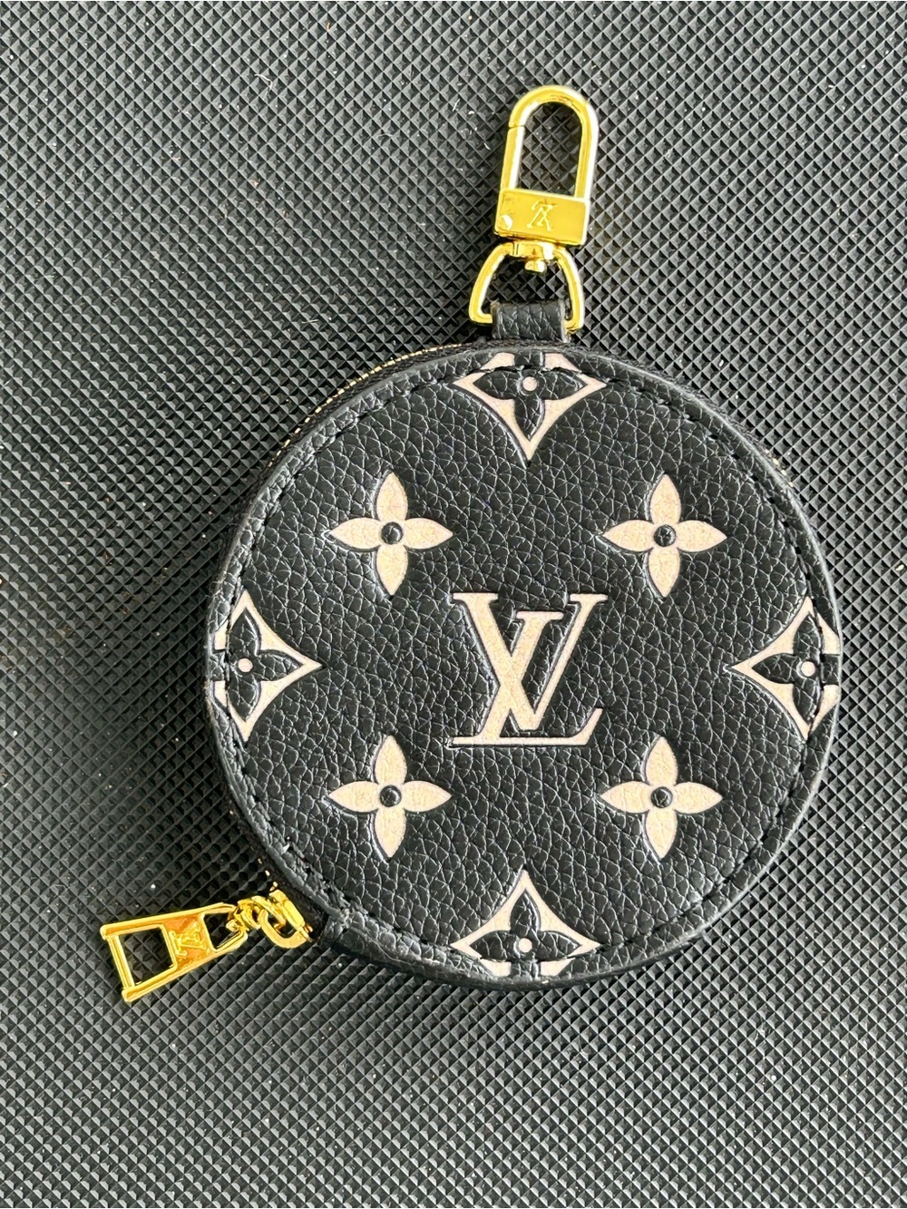 LV Black & Cream Monogram Round Coin Pouch with Gold Hardware